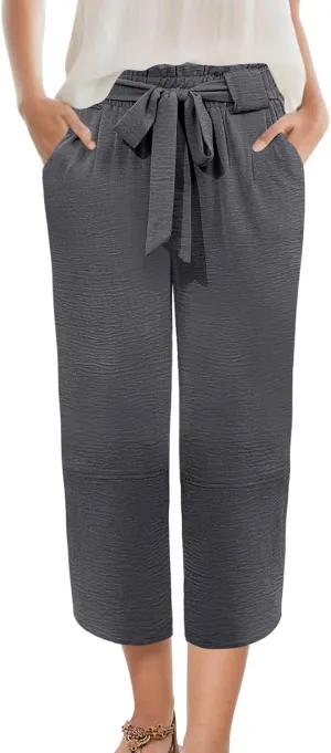 Womens Wide Leg Capri Pants Elastic High Waisted Adjustable Knot Pants Loose Casual Trousers with Pockets