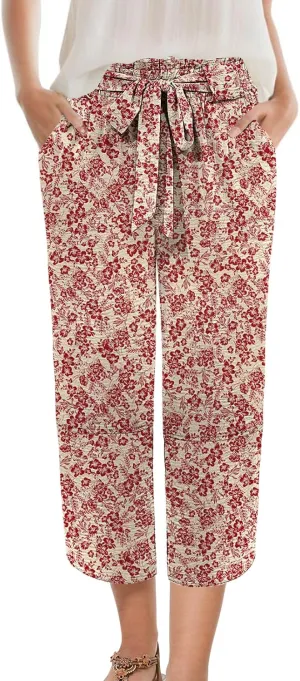 Womens Wide Leg Capri Pants Elastic High Waisted Adjustable Knot Pants Loose Casual Trousers with Pockets