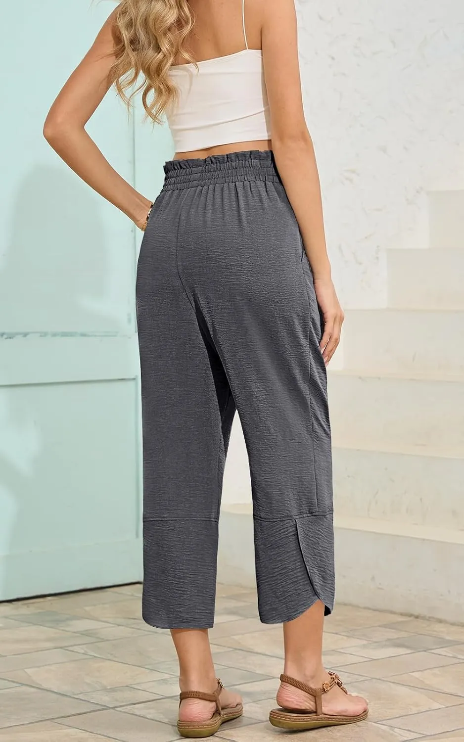 Womens Wide Leg Capri Pants Elastic High Waisted Adjustable Knot Pants Loose Casual Trousers with Pockets