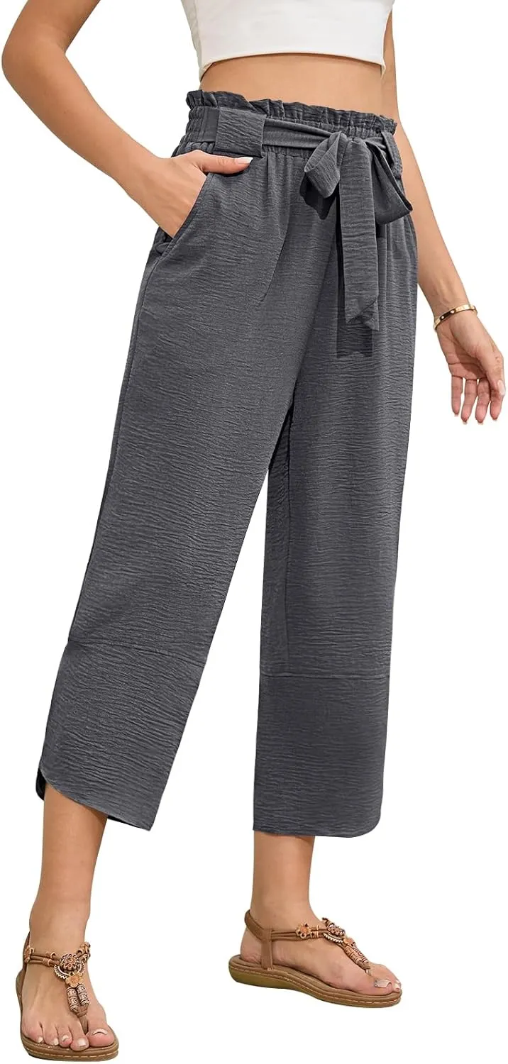 Womens Wide Leg Capri Pants Elastic High Waisted Adjustable Knot Pants Loose Casual Trousers with Pockets