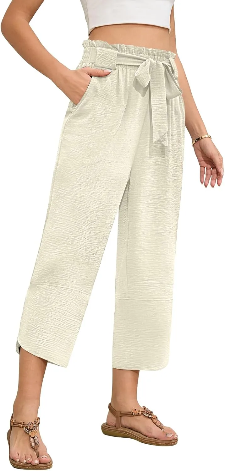 Womens Wide Leg Capri Pants Elastic High Waisted Adjustable Knot Pants Loose Casual Trousers with Pockets
