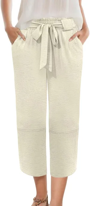 Womens Wide Leg Capri Pants Elastic High Waisted Adjustable Knot Pants Loose Casual Trousers with Pockets