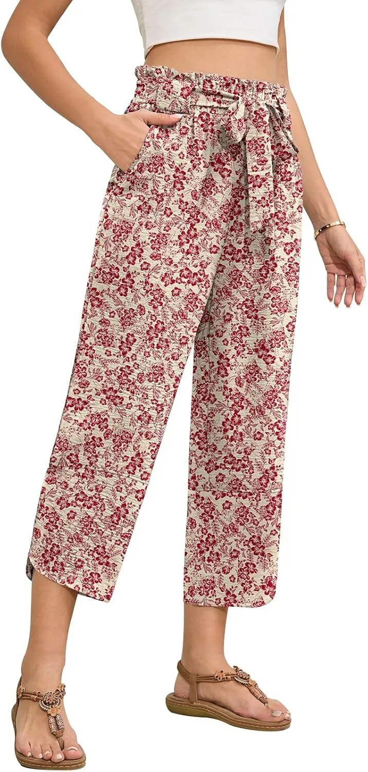 Womens Wide Leg Capri Pants Elastic High Waisted Adjustable Knot Pants Loose Casual Trousers with Pockets