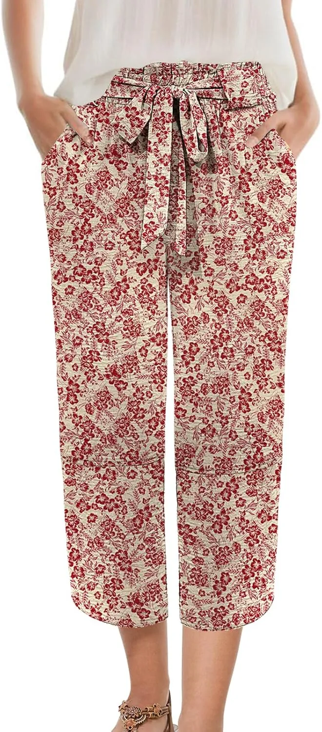Womens Wide Leg Capri Pants Elastic High Waisted Adjustable Knot Pants Loose Casual Trousers with Pockets