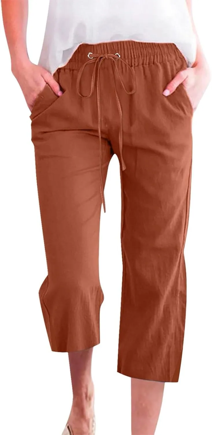 Work Pants Women Solid Color Cotton Linen Elastic Seven Pants Beach Plus Size Trendy Striped Spring Summer Gauze Pants
