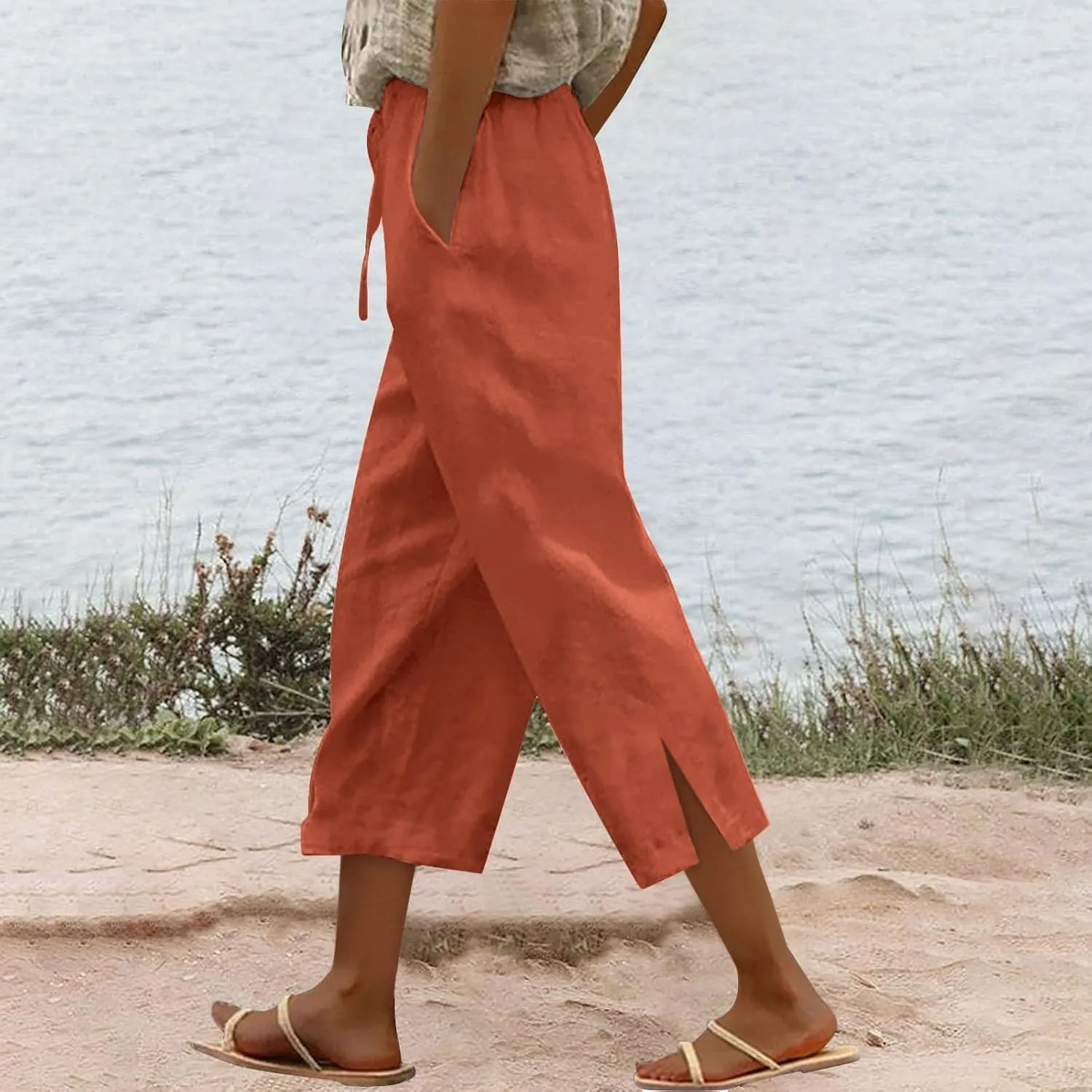 Work Pants Women Solid Color Cotton Linen Elastic Seven Pants Beach Plus Size Trendy Striped Spring Summer Gauze Pants