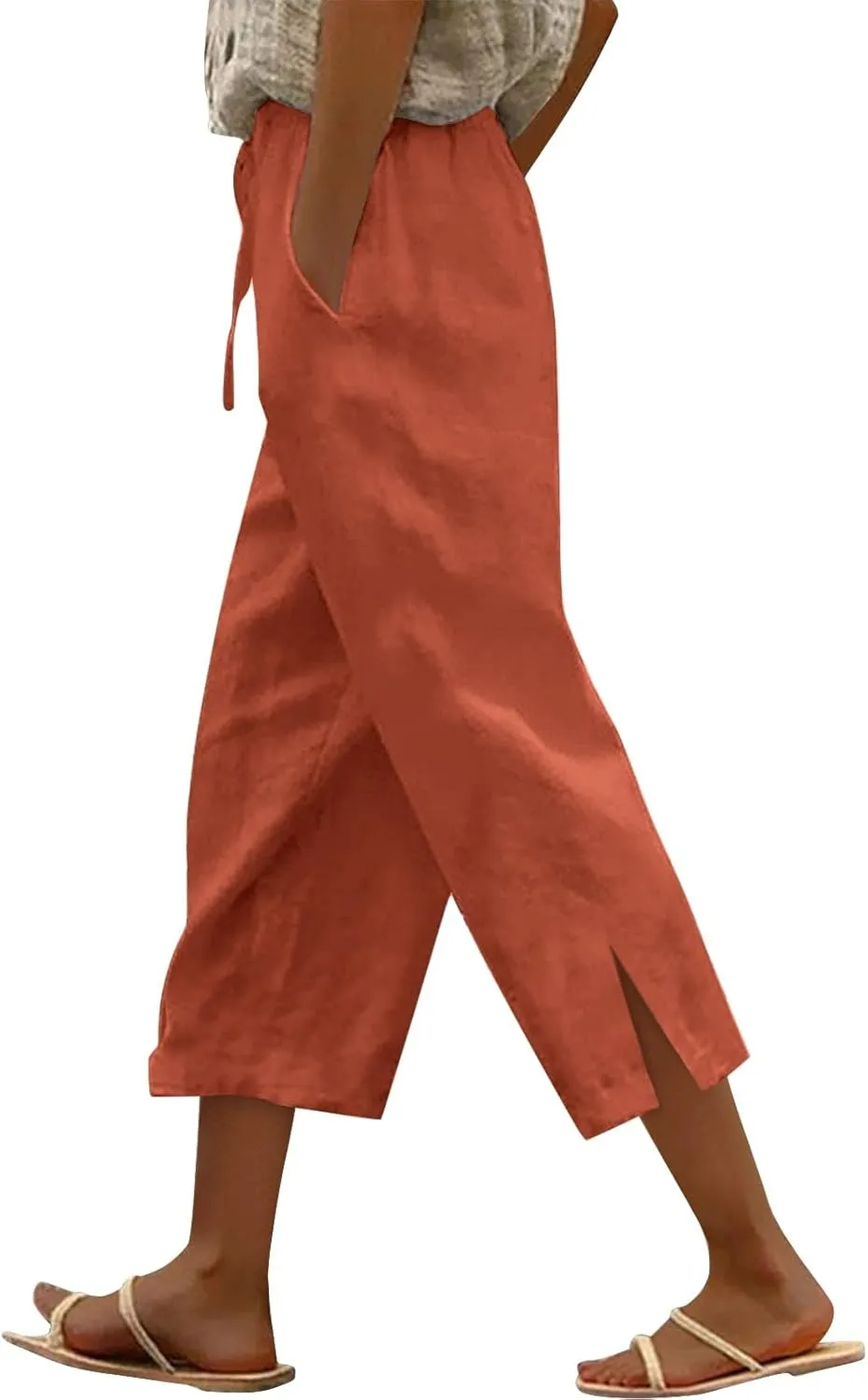 Work Pants Women Solid Color Cotton Linen Elastic Seven Pants Beach Plus Size Trendy Striped Spring Summer Gauze Pants