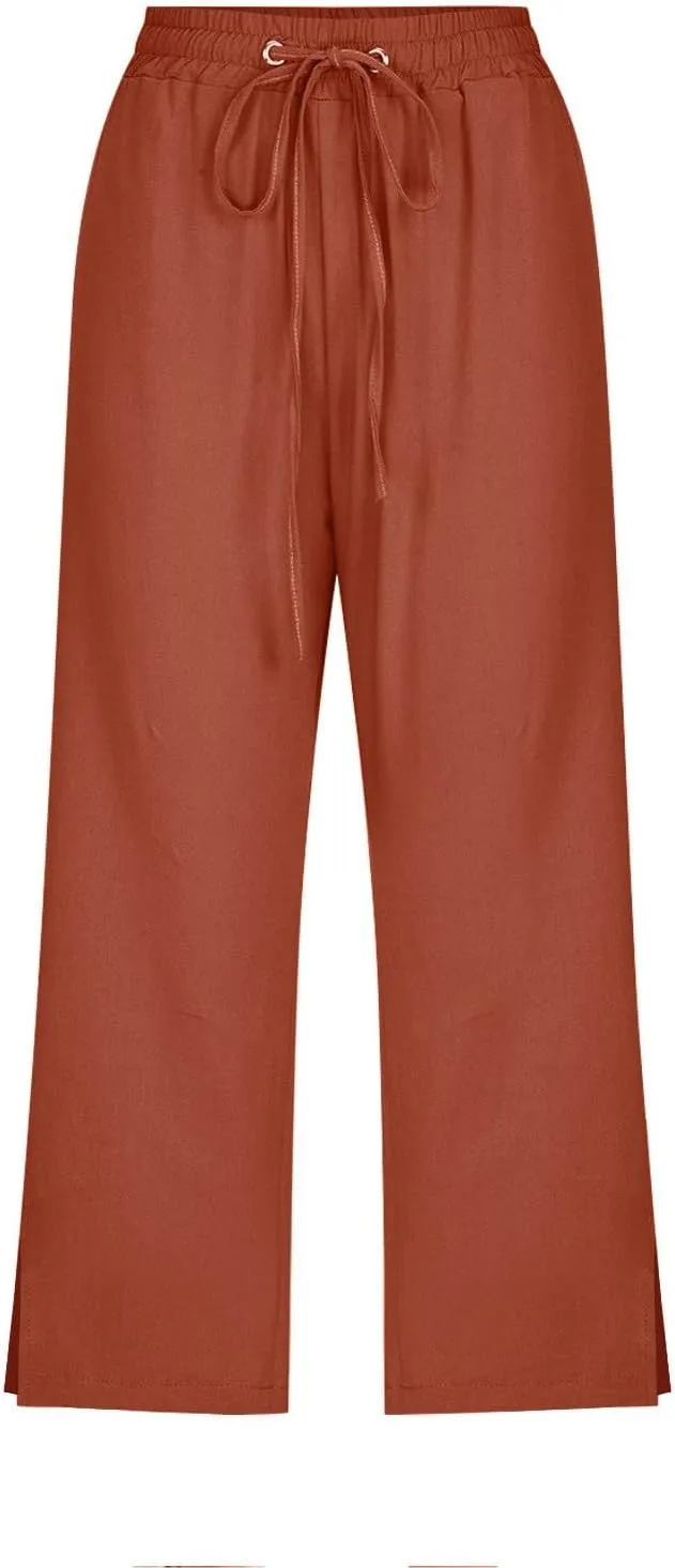 Work Pants Women Solid Color Cotton Linen Elastic Seven Pants Beach Plus Size Trendy Striped Spring Summer Gauze Pants