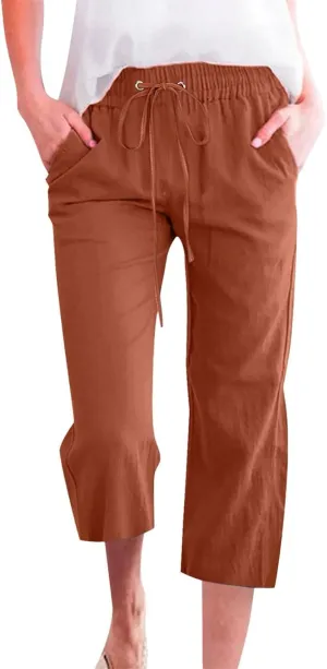 Work Pants Women Solid Color Cotton Linen Elastic Seven Pants Beach Plus Size Trendy Striped Spring Summer Gauze Pants