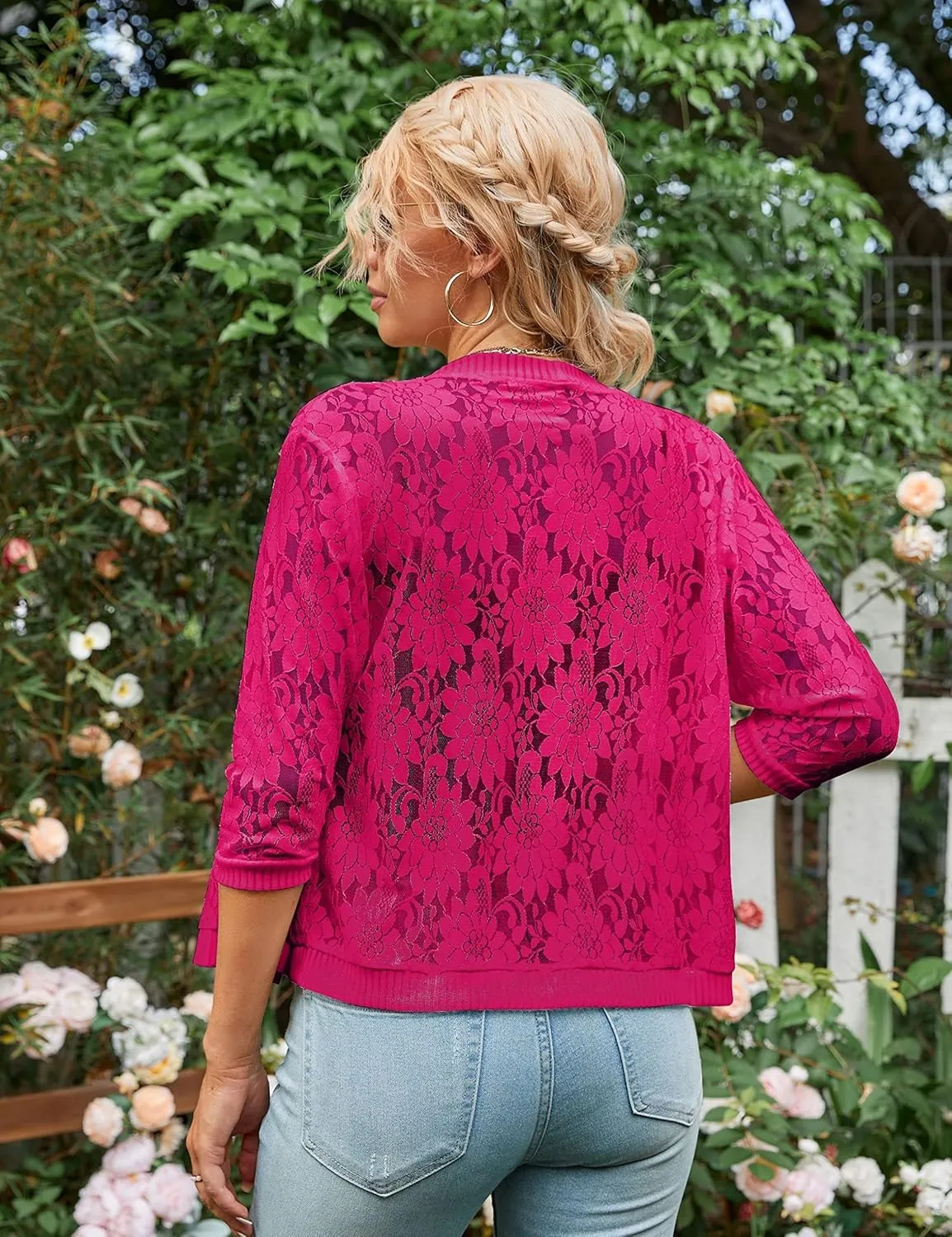 Xunger Womens 3/4 Sleeve Lace Cardigan Casual Open Front Floral Lace Shrug Summer Cover Up