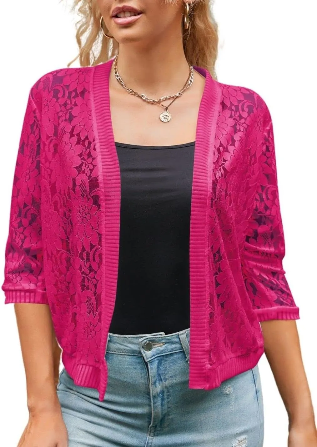 Xunger Womens 3/4 Sleeve Lace Cardigan Casual Open Front Floral Lace Shrug Summer Cover Up
