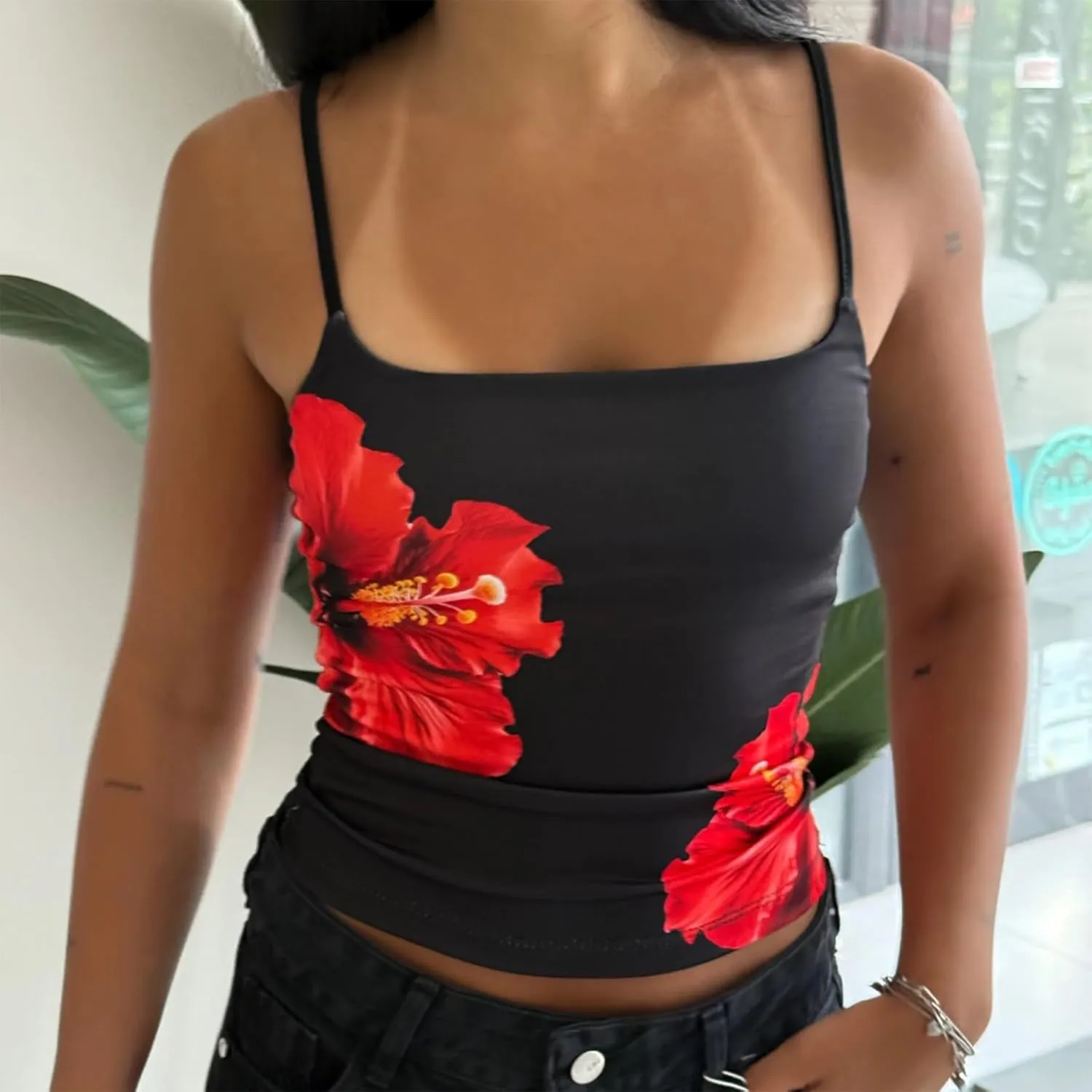 Y2k Camisole Top Women Teen Girl Floral Sleeveless Backless Spaghetti Strap Low Neck Crop Tank Sexy Going Out Cami