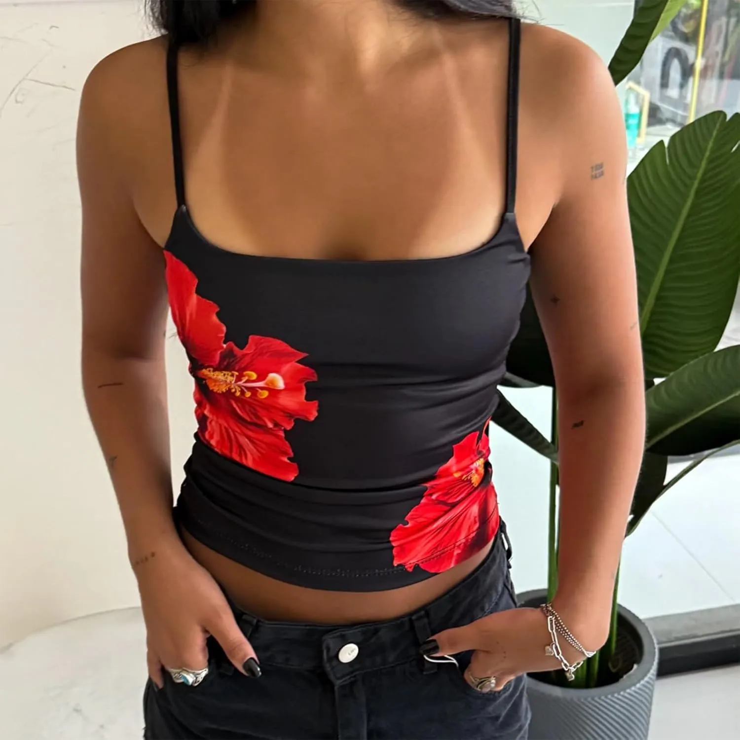 Y2k Camisole Top Women Teen Girl Floral Sleeveless Backless Spaghetti Strap Low Neck Crop Tank Sexy Going Out Cami