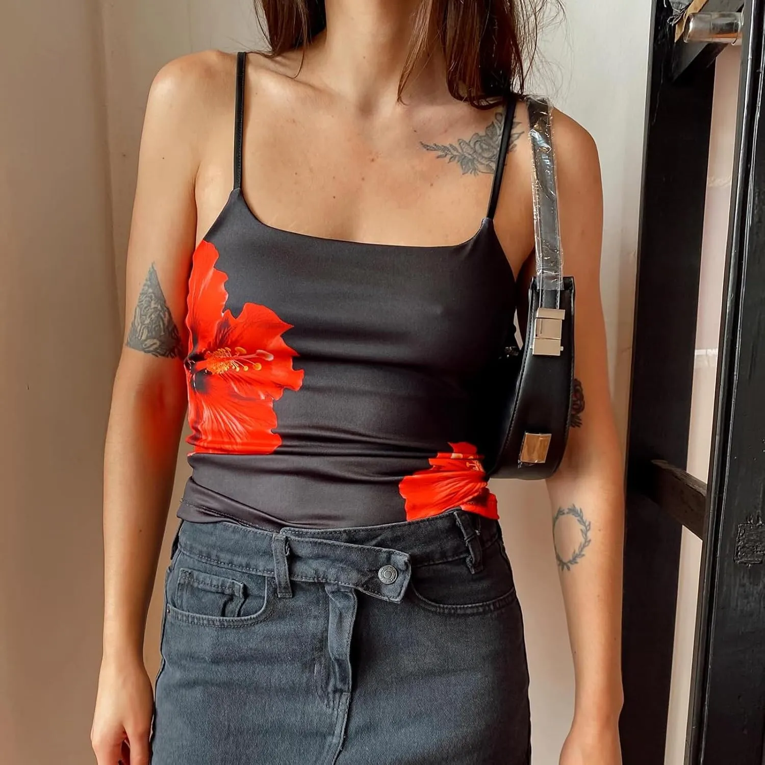 Y2K Floral Print Tank Top for Women Cute Flower Spaghetti Strap Slim Fit Crop Camisole Aesthetic Tank Tops Streetwear
