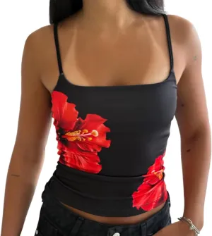 Y2K Floral Print Tank Top for Women Cute Flower Spaghetti Strap Slim Fit Crop Camisole Aesthetic Tank Tops Streetwear