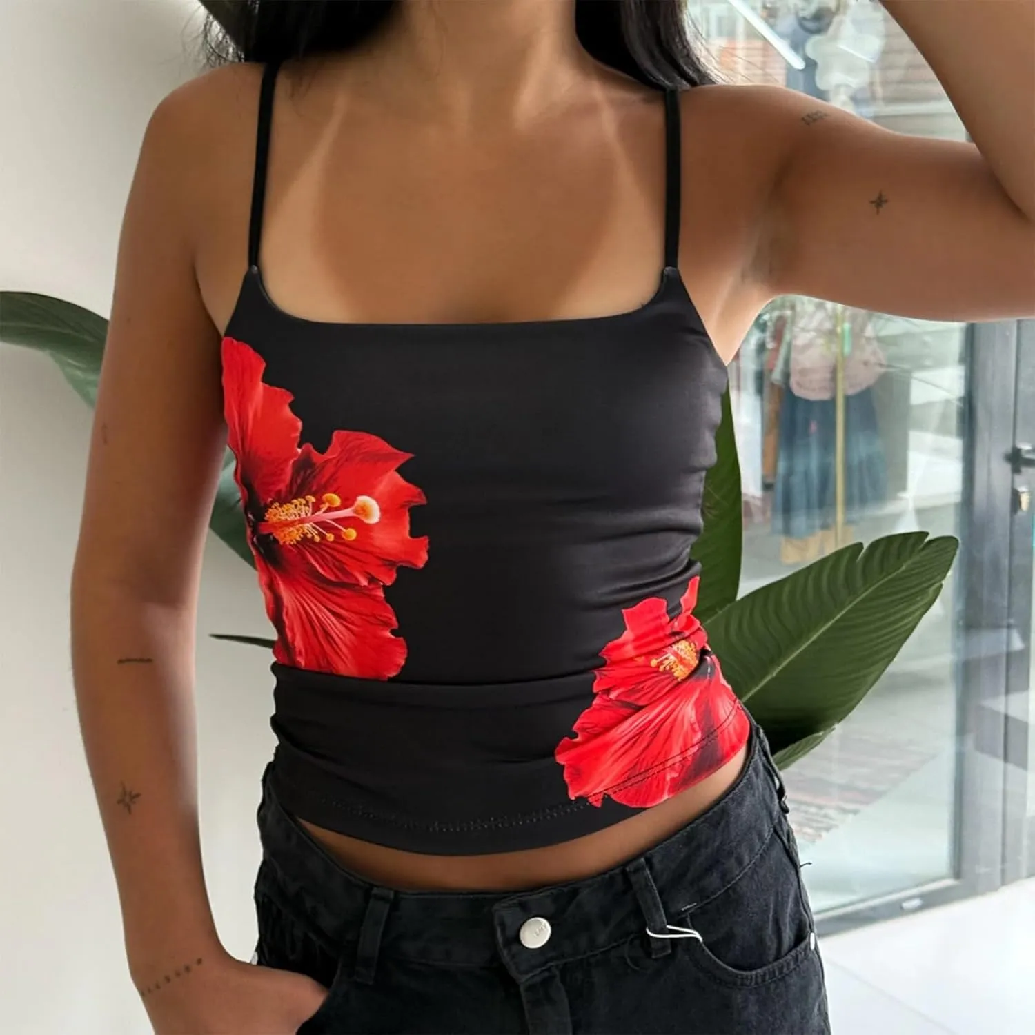 Y2K Floral Print Tank Top for Women Cute Flower Spaghetti Strap Slim Fit Crop Camisole Aesthetic Tank Tops Streetwear