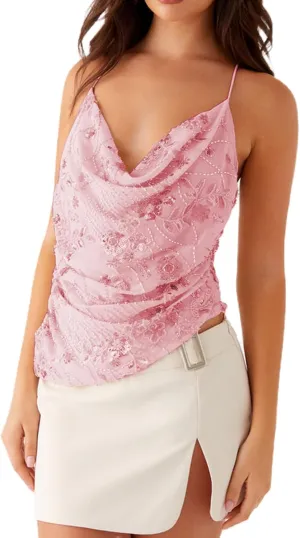 Y2K Halter Sequin Sparkly Tops for Women Cute Backless Rhinestone Pearl Camisole Low Cut Sleeveless Going Out Tops