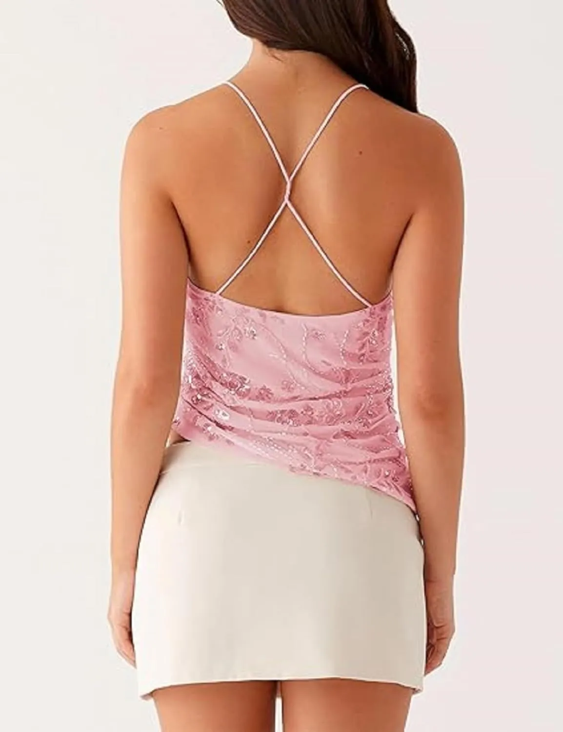 Y2K Halter Sequin Sparkly Tops for Women Cute Backless Rhinestone Pearl Camisole Low Cut Sleeveless Going Out Tops