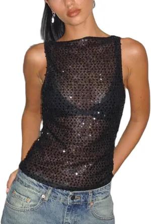 Y2k Sequin Tank Tops Women Sexy Sleeveless Bling Glitter Camisole Sparkly Slim Crop Cami Going Out Party Vest
