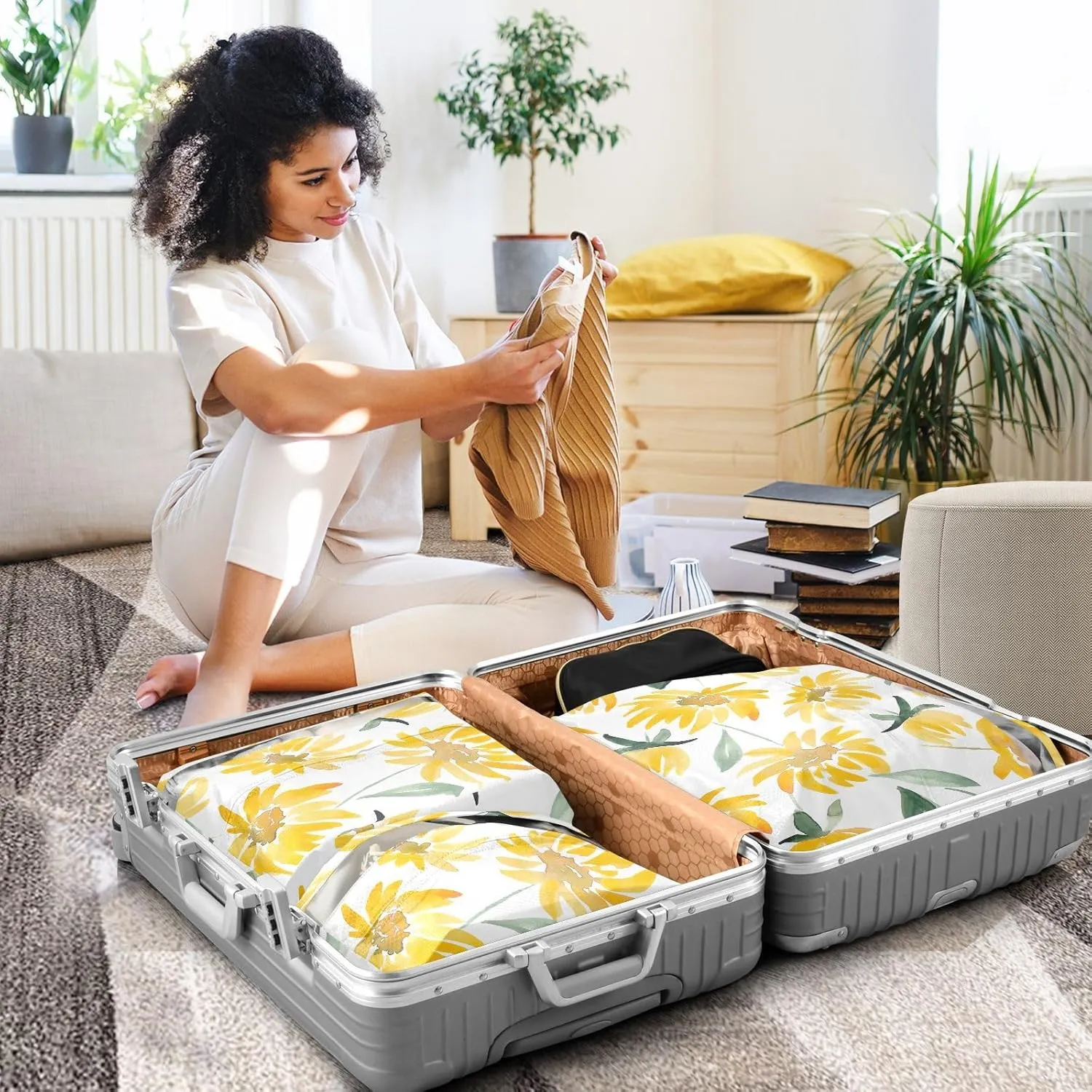 Yellow Flowers Leaf 3 Set Travel Packing Cubes For Suitcases, Foldable, Garment Bag Closet Storage, Luggage Space Saver, Luggages Management Personnel