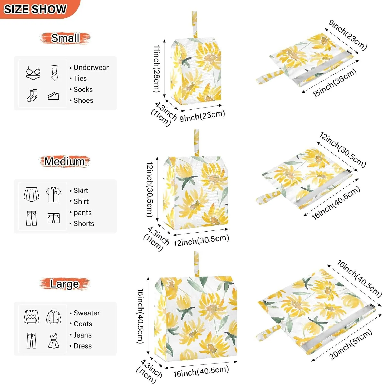 Yellow Flowers Leaf 3 Set Travel Packing Cubes For Suitcases, Foldable, Garment Bag Closet Storage, Luggage Space Saver, Luggages Management Personnel