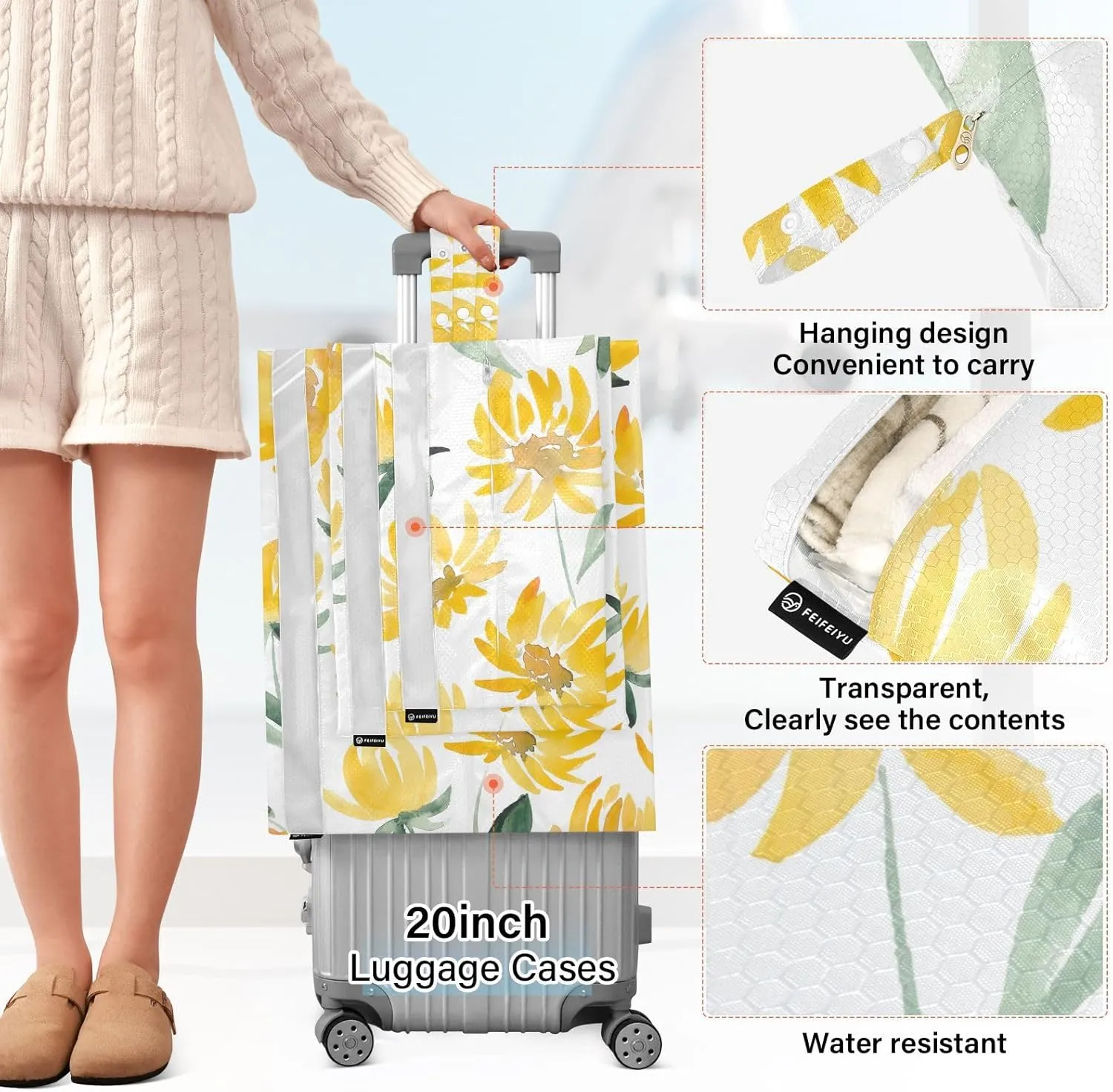 Yellow Flowers Leaf 3 Set Travel Packing Cubes For Suitcases, Foldable, Garment Bag Closet Storage, Luggage Space Saver, Luggages Management Personnel