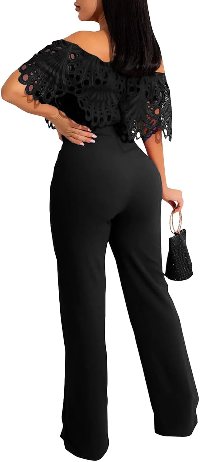YouSexy Off Shoulder Jumpsuit for Women High Waist Wide Leg Long Pants Belted Romper Jumpsuits