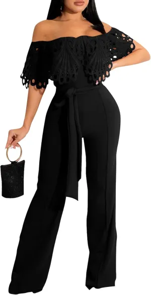 YouSexy Off Shoulder Jumpsuit for Women High Waist Wide Leg Long Pants Belted Romper Jumpsuits