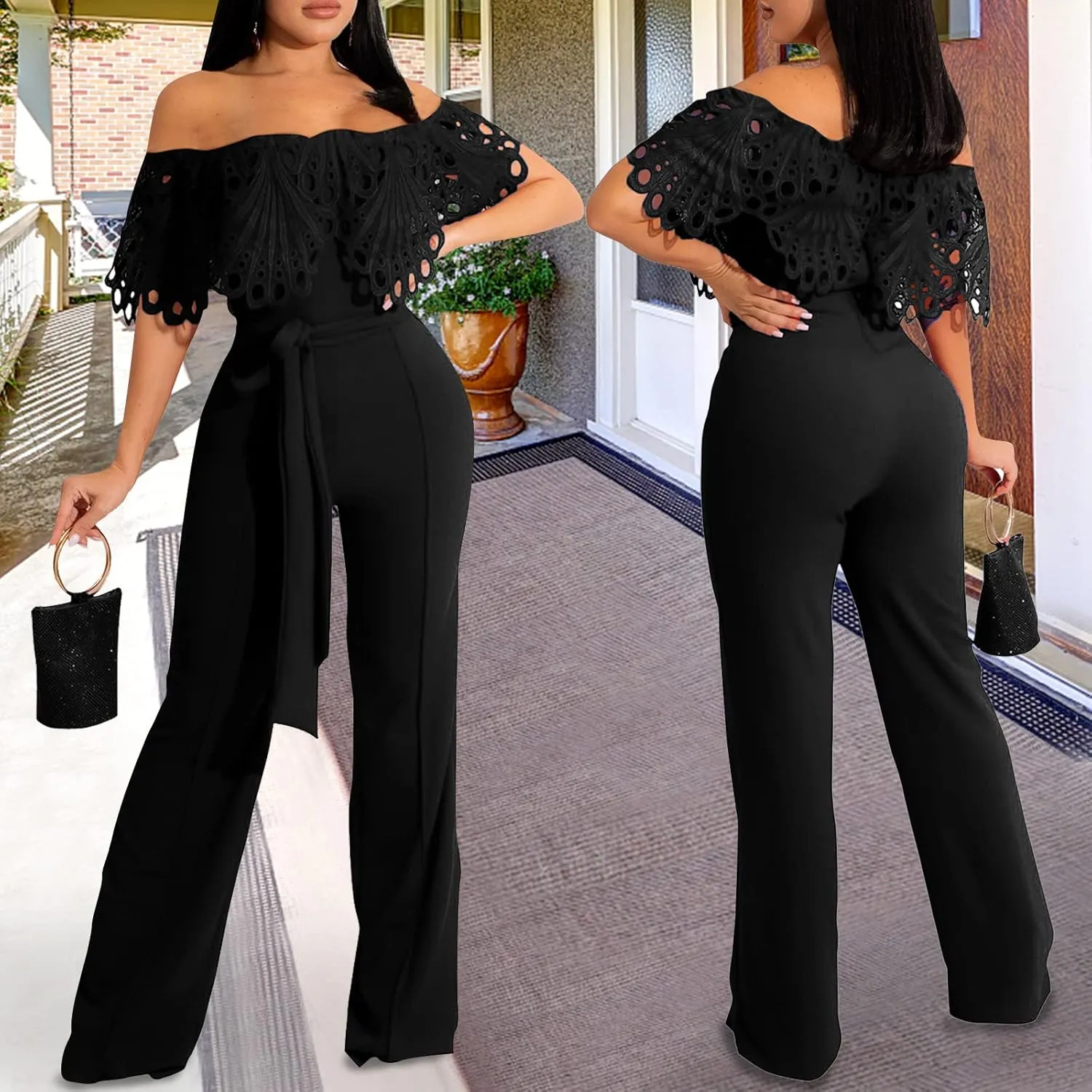 YouSexy Off Shoulder Jumpsuit for Women High Waist Wide Leg Long Pants Belted Romper Jumpsuits