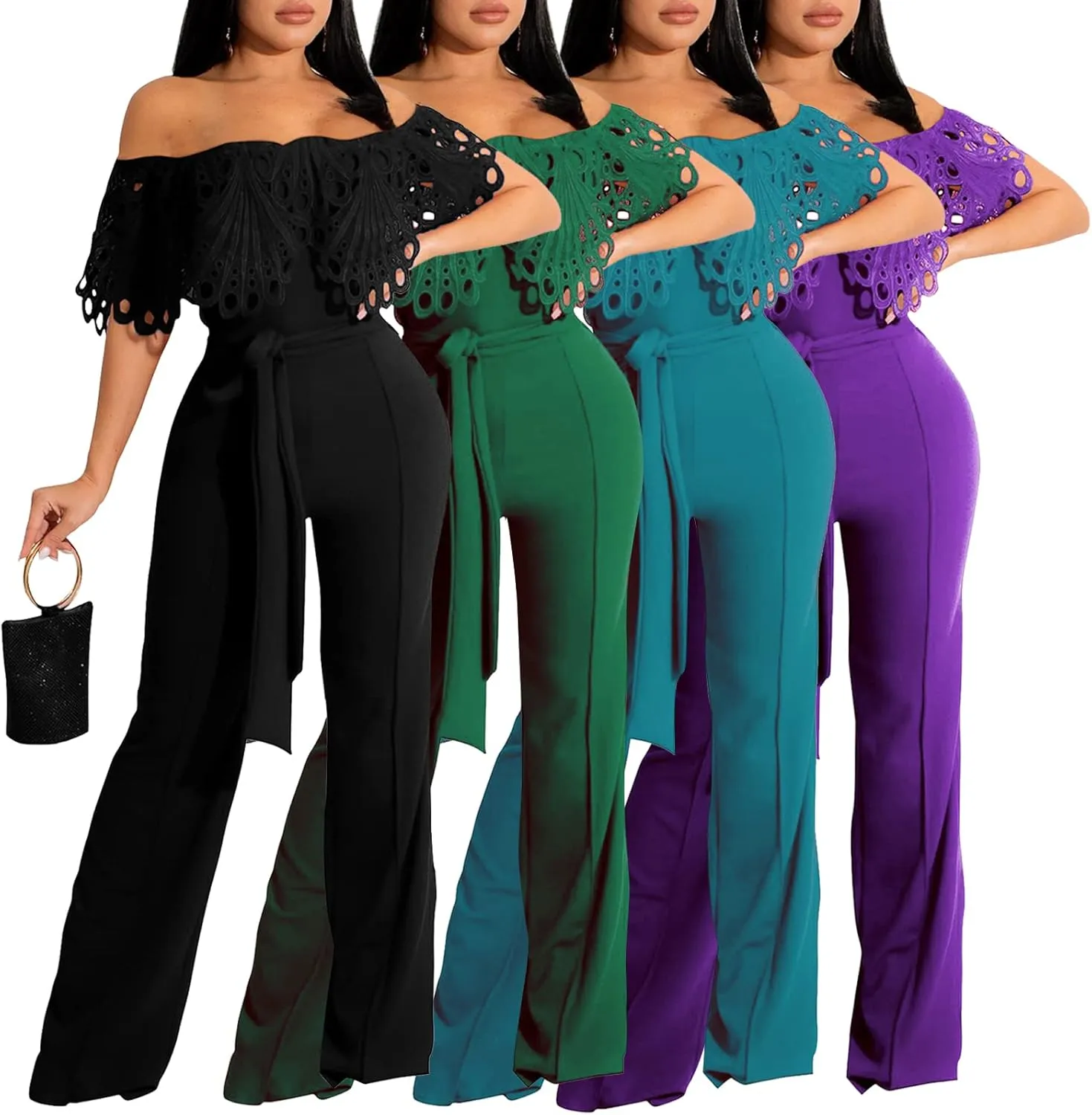 YouSexy Off Shoulder Jumpsuit for Women High Waist Wide Leg Long Pants Belted Romper Jumpsuits