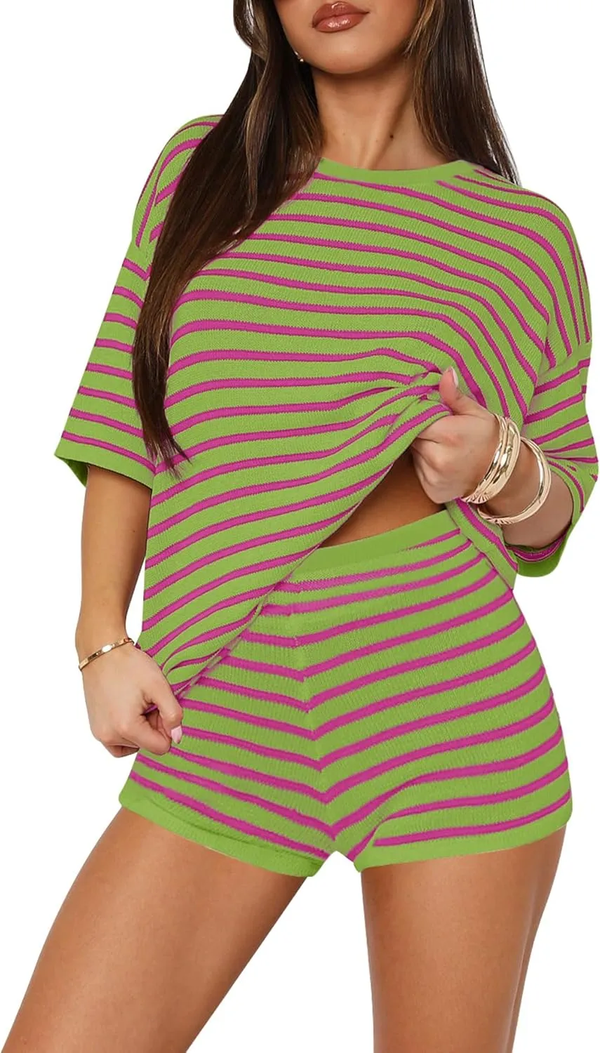 Yousify 2 Piece Sweater Set for Womens Summer Short Sleeve Tops Striped Matching Shorts Lounge Sets S-2XL
