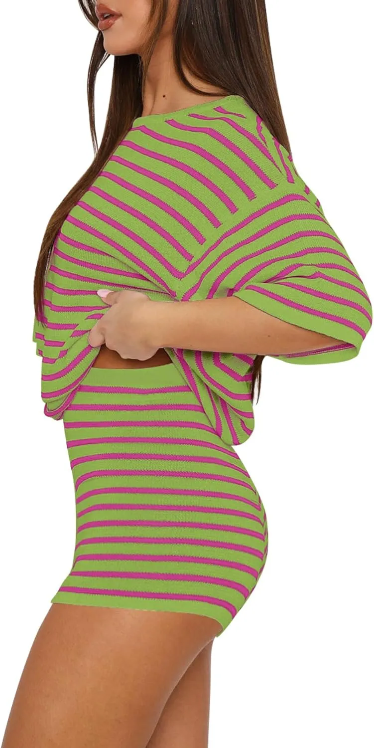 Yousify 2 Piece Sweater Set for Womens Summer Short Sleeve Tops Striped Matching Shorts Lounge Sets S-2XL