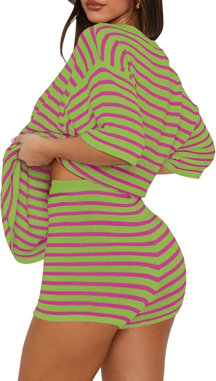 Yousify 2 Piece Sweater Set for Womens Summer Short Sleeve Tops Striped Matching Shorts Lounge Sets S-2XL