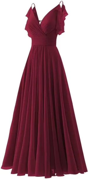 YUAOHUANG Wine BlueWomen Chiffon Bridesmaid Dresses 2025 Long V Neck Ruffle Sleeves Prom Dress Spaghetti Straps Evening Gown Ruched Formal Party Dresses US Size 16W