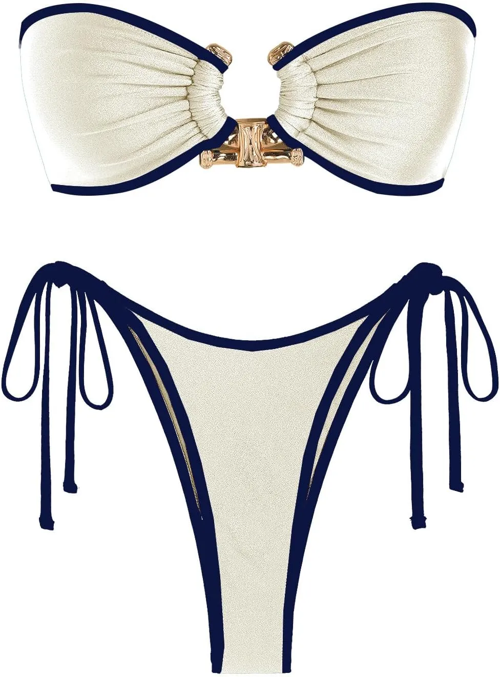 ZAFUL Metal Ring Bandeau Bikini Set Tie Side Bathing Suit High Cut 2 Piece Swimsuit Cutout Swimwear