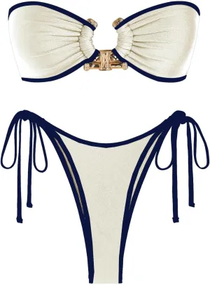ZAFUL Metal Ring Bandeau Bikini Set Tie Side Bathing Suit High Cut 2 Piece Swimsuit Cutout Swimwear
