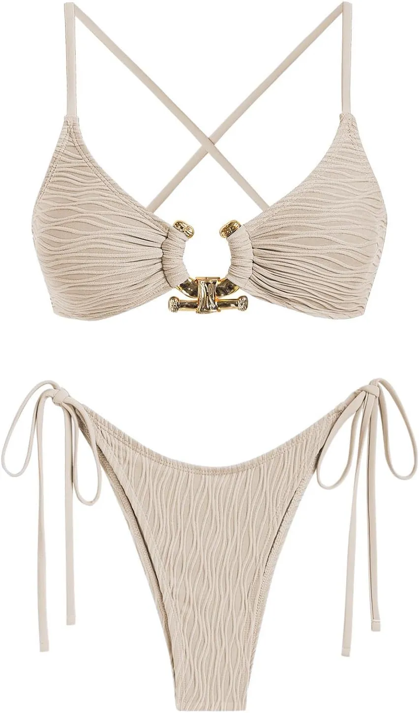 ZAFUL Women's Bikini Sets Ribbed Metal O Ring Criss Cross Two Piece Swimsuit Cheeky High Cut Side Tie Thong Bathing Suit