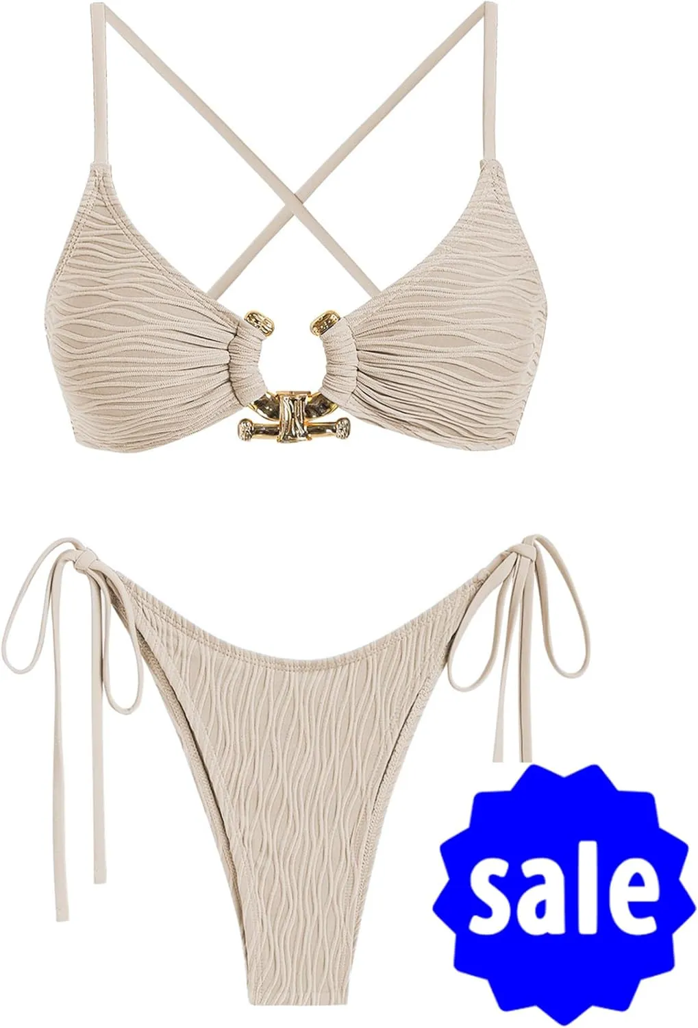 ZAFUL Women's Bikini Sets Ribbed Metal O Ring Criss Cross Two Piece Swimsuit Cheeky High Cut Side Tie Thong Bathing Suit