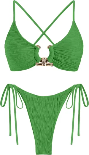 ZAFUL Women's Bikini Sets Ribbed Metal O Ring Criss Cross Two Piece Swimsuit Cheeky High Cut Side Tie Thong Bathing Suit