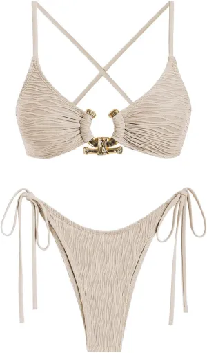 ZAFUL Women's Bikini Sets Ribbed Metal O Ring Criss Cross Two Piece Swimsuit Cheeky High Cut Side Tie Thong Bathing Suit