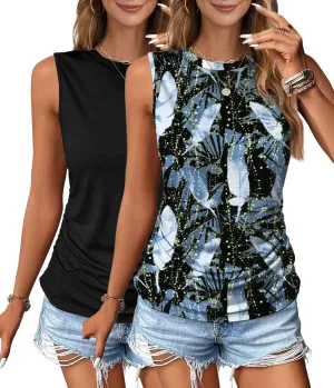 Zeagoo Womens Ruched Tank Tops Summer Dressy Casual Crewneck Sleeveless Shirts S-XXL