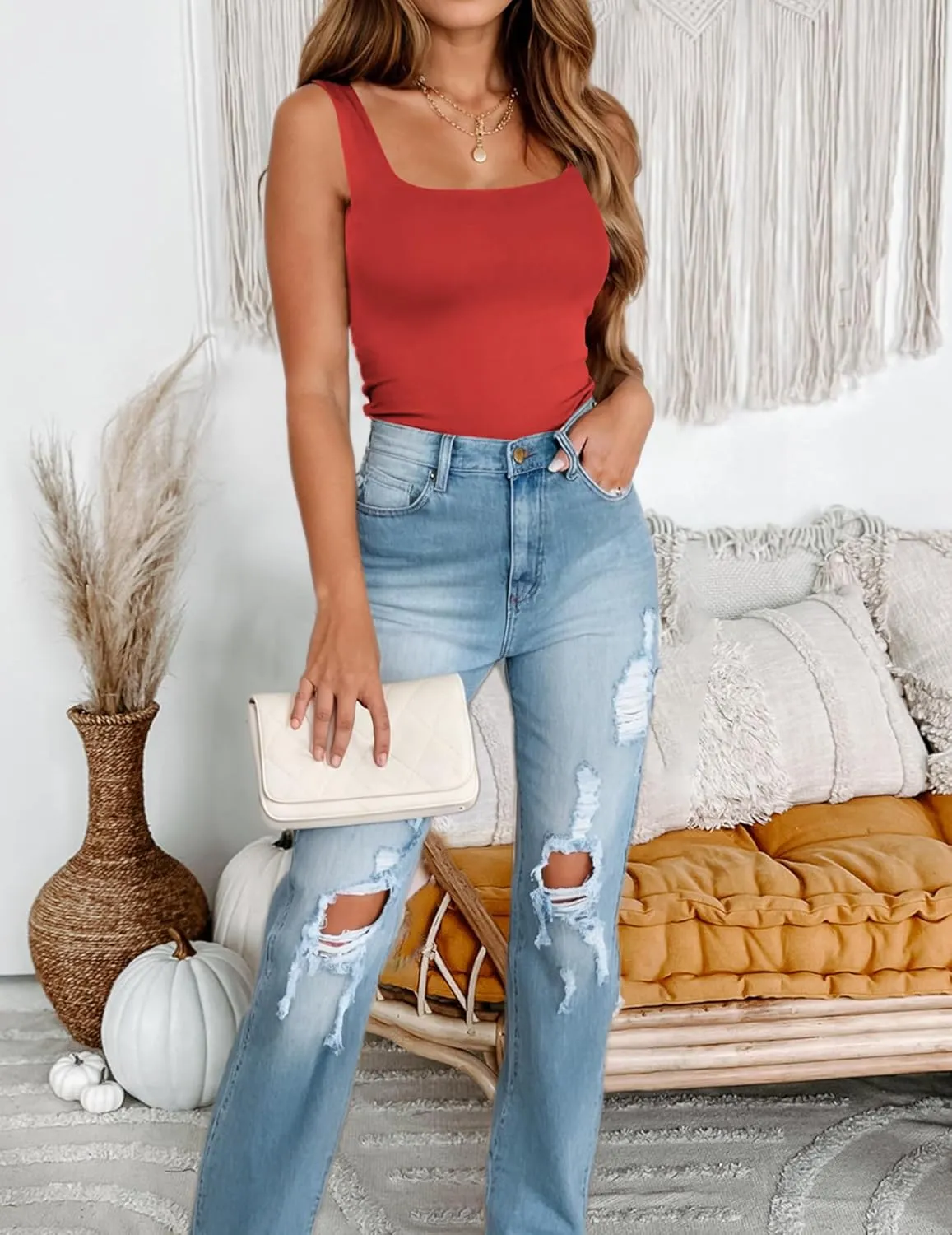Zeagoo Women's Square Neck Double Lined Tank Tops Cute Summer Tops Seamless Slim Fit Basic Sleeveless Shirts